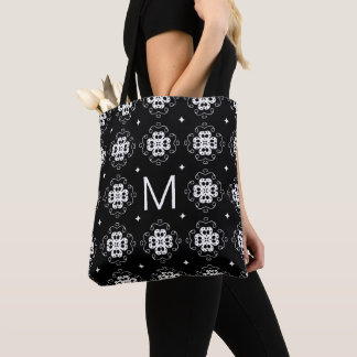 Bolsa Tote Elegante padrão de monograma preto e branco orname