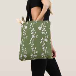 Bolsa Tote Elegante padrão de videira floral branca em verde 