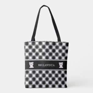 Bolsa Tote Elegante padrão de xadrez preto e branco e ursos p