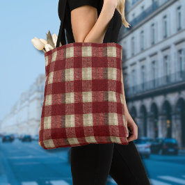 Bolsa Tote Elegante Padrão Xadrez Burgundy Creme Ferrugem Ver
