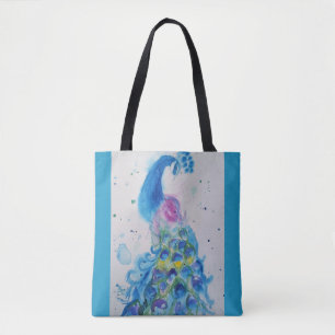 Bolsa Tote Elegante Peacock Watercolor Blue Pintura Mulher