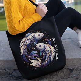 Bolsa Tote Elegante Peixes de Aquarela Zodiac Preto