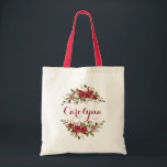 Bolsa Tote Elegante Poinsettia Floral Bridesmaid Favor<br><div class="desc">Elegante Poinsettia Floral Bridesmaid Favorece Tote Bag em tons de inverno de vermelhos e verdes com espaço para seu nome personalizado ou outro texto. Fácil de personalizar com texto, fontes e cores. Criado pelo designer Zazzle pro BK Thompson © exclusivamente para Cedar e String; entre em contato conosco se precisar...</div>