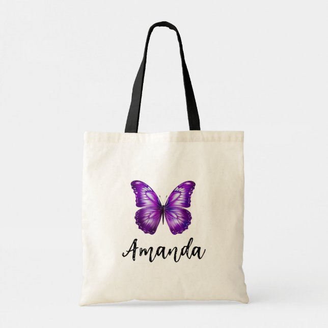 Bolsa Tote Elegante Purple Butterfly Name Girly (Verso)