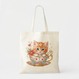 Bolsa Tote Elegante Red Kitten em Teacup - Design Floral -