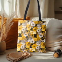 Elegante Remendo Floral com Amarelo, Cinza e Preto