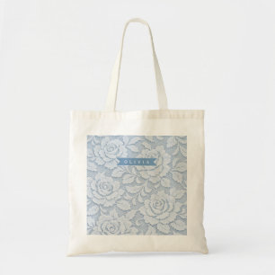 Bolsa Tote Elegante Romântico Floral de Renda Azul Personaliz