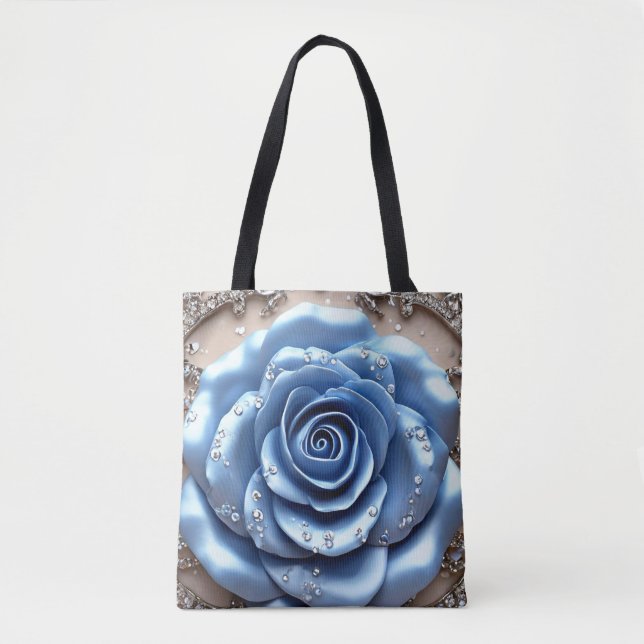 Bolsa Tote Elegante Rosa azul com diamantes brilhantes (Frente)