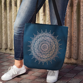 Bolsa Tote Elegante Rosa Dourado em Teal Floral Henna Mandala