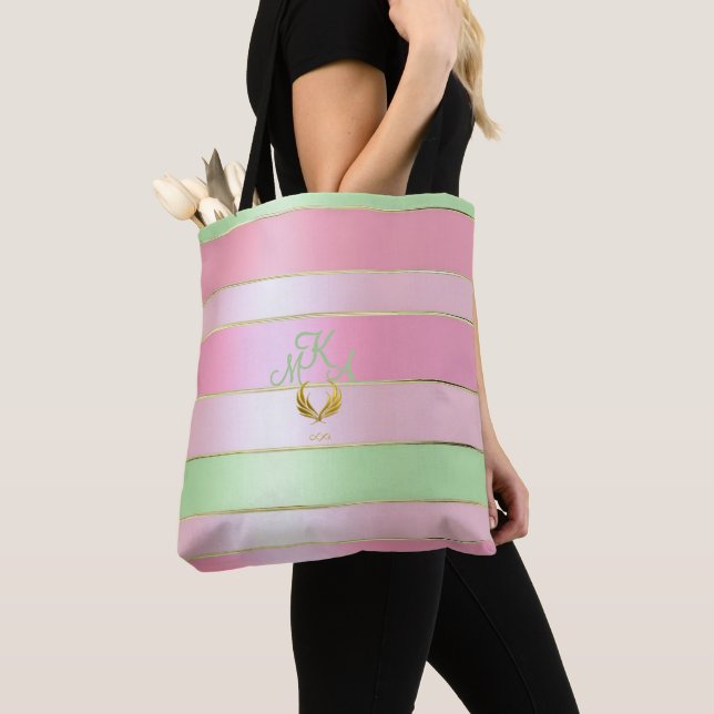 Bolsa Tote Elegante Rosa Pastel e Verde Monogramada  (Close Up)