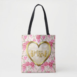 Bolsa Tote Elegante Rosa Rosa e Coração Dourado Melhor Mãe de