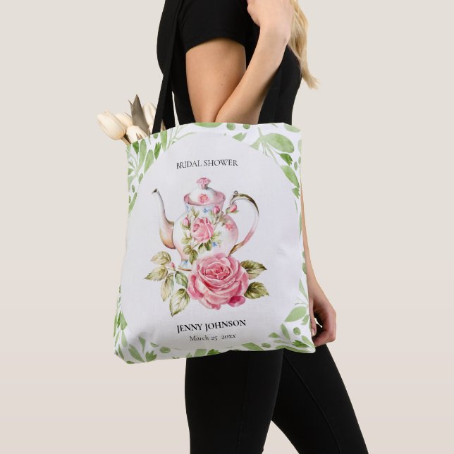Bolsa Tote Elegante Rosa Verde Floral Flores Chá de Noiva (Close Up)