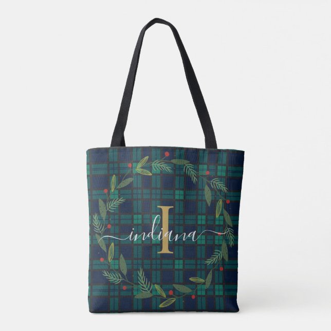 Bolsa Tote Elegante Rustic Xadrez Monograma Script Wreath Tar (Verso)