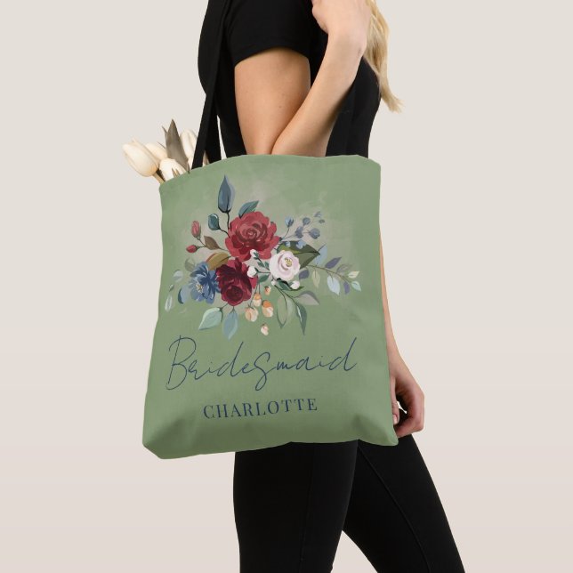 Bolsa Tote Elegante Script Floral Borgonha Casamento Damas de (Close Up)