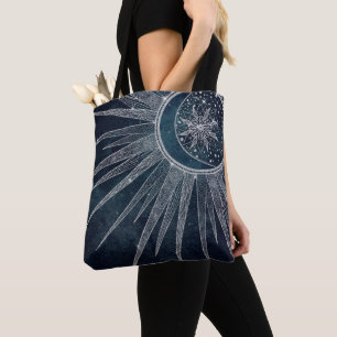Bolsa Tote Elegante Sun Moon Doodle Mandala Blue Design