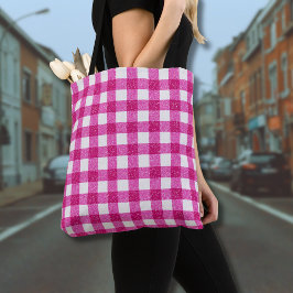 Bolsa Tote Elegante Tartan de Brilho Rosa no Branco