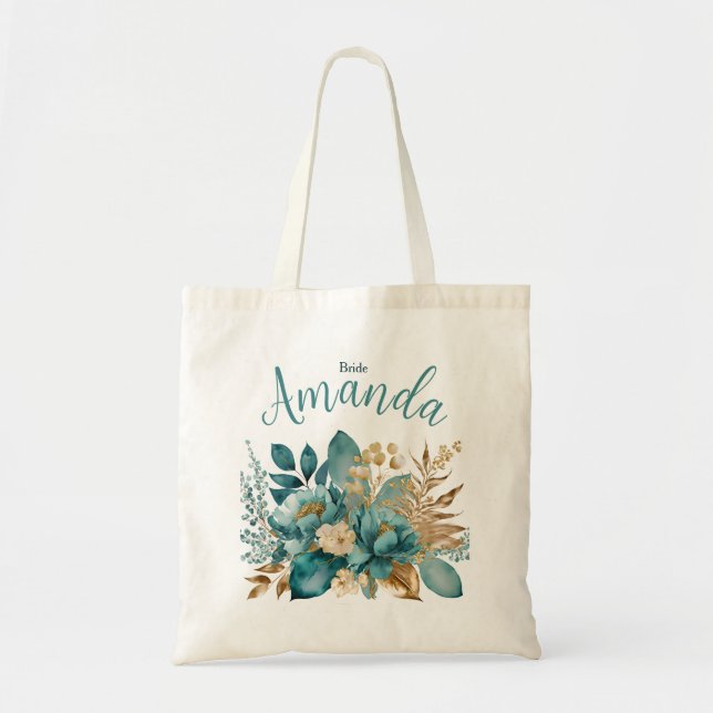 Bolsa Tote Elegante Teal e Dourada Noiva Floral (Frente)