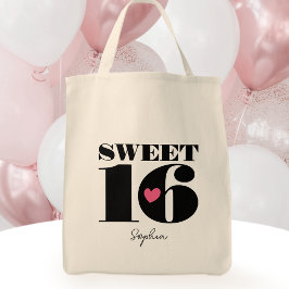 Bolsa Tote Elegante Tipografia Retro Sweet Sixteen Preto Rosa
