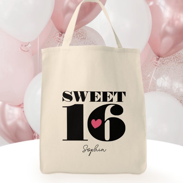 Bolsa Tote Elegante Tipografia Retro Sweet Sixteen Preto Rosa (Criador carregado)