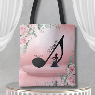Bolsa Tote Elegante Tocadora de Viola Rosa Floral Violinista