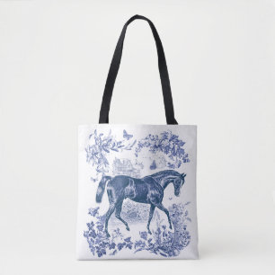 Bolsa Tote Elegante Toile Rústica Vintage Azul de Cavalos Cou