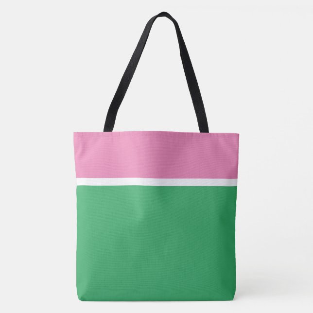 Bolsa Tote Elegante Top Rosa Branco Listras Sobre Verde Mar (Frente)
