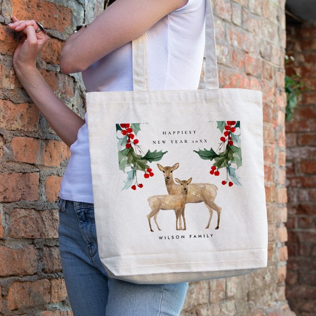 BOLSA TOTE ELEGANTE VERDE VERDE VERDE HOLLY BERRY DEER DUO AN (Criador carregado)