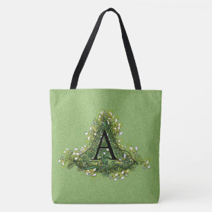 Bolsa Tote Elegante verde Vintage Monograma floral inicial A