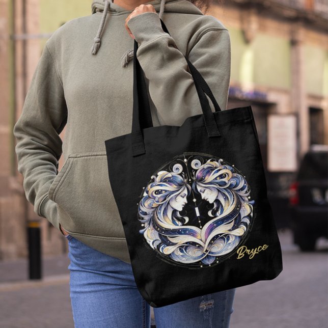 Bolsa Tote Elegante Watercolor Gemini Zodiac Preto (Criador carregado)