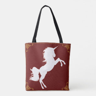 Bolsa Tote Elegante White Silhouette Unicorn Dourado Borders