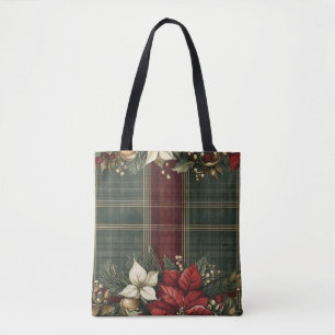 Bolsa Tote Elegante Xadrez Verde e Flor de Natal Vermelha Nat