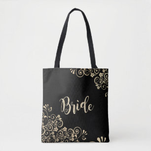 Bolsa Tote Elegantes Flores Douradas Chiques, Noiva