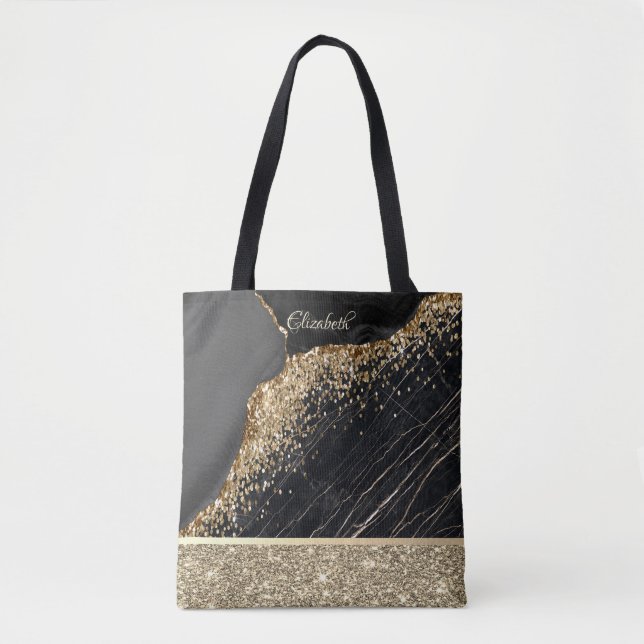 Bolsa Tote Elegantes Lantejoulas Douradas Brilhantes Mármore  (Frente)