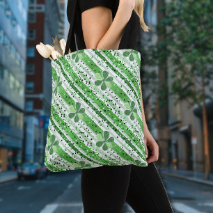 Bolsa Tote Elegantes Listras Brancas e Verdes com Trevo Brilh