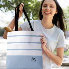 Bolsa Tote Elegantes Listras Modernas em Azul e Monograma em