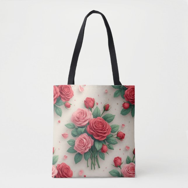 Bolsa Tote Elegantes Ramalhetes de Rosas Rosa e Vermelhas (Frente)