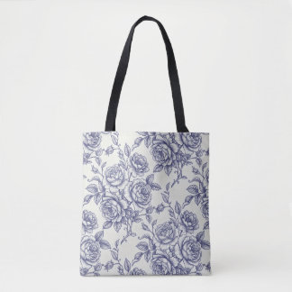 Bolsa Tote Elegantes Rosas Florais Azuis Creme Toile de Jouy
