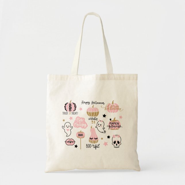Bolsa Tote Elementos do Dia das Bruxas, Rosa e Preto (Frente)