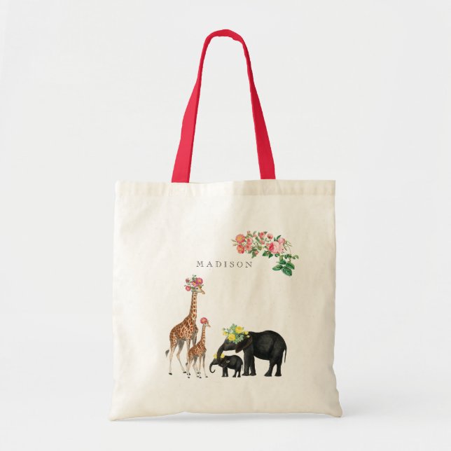 Bolsa Tote Elephant & Giraffe Floral Nome Personalizado (Frente)