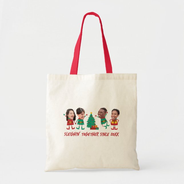 Bolsa Tote Elf de Natal Personalizado Com Rosto Engraçado (Frente)