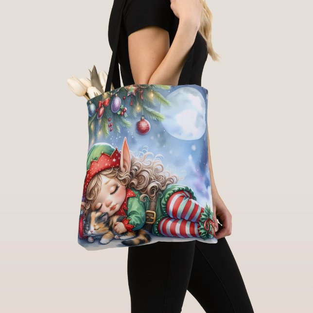 Bolsa Tote Elfo de Natal com Calico Kitten (Close Up)