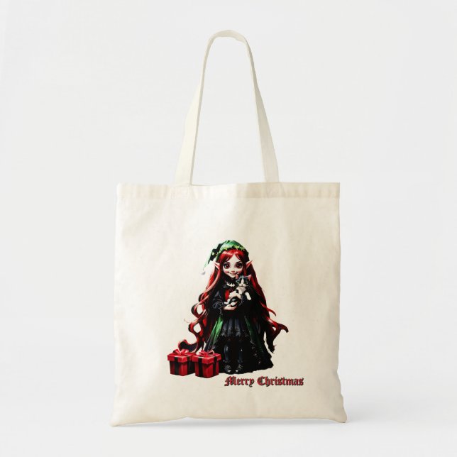 Bolsa Tote Elfo de Natal com Kitten. (Frente)