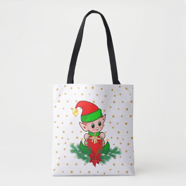 Bolsa Tote Elfo de Natal, pinheiro, poinsettia e estrelas (Frente)