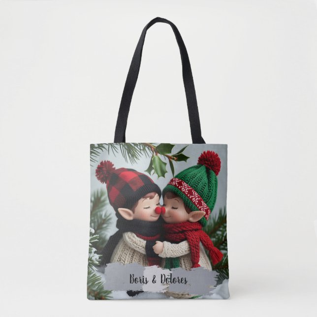 Bolsa Tote Elfos se Abraçam sob o Visco (Frente)