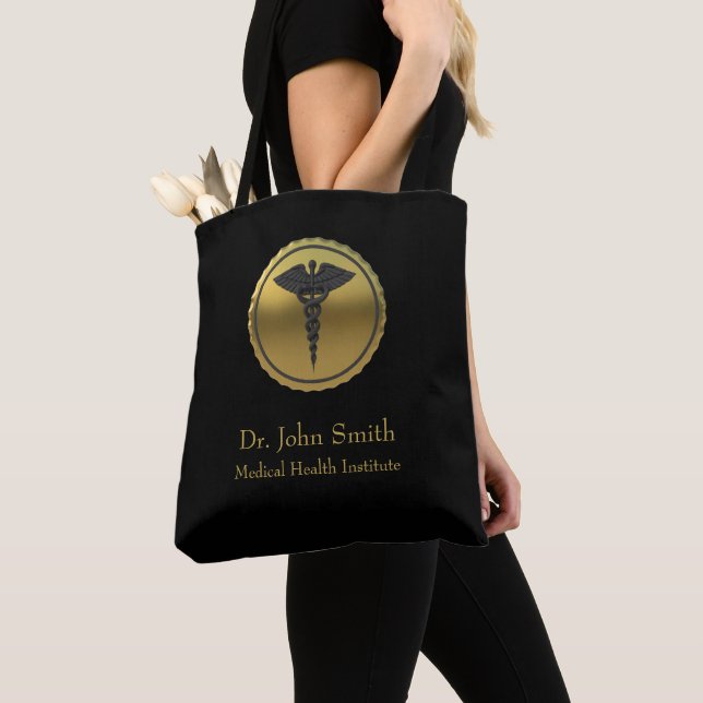 Bolsa Tote Emblema Caduceu Médico Profissional em 3D Dourado (Close Up)