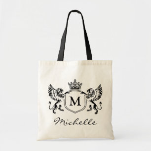 Bolsa Tote Emblema da Coroa Real Moderna Leões Monograma Scri