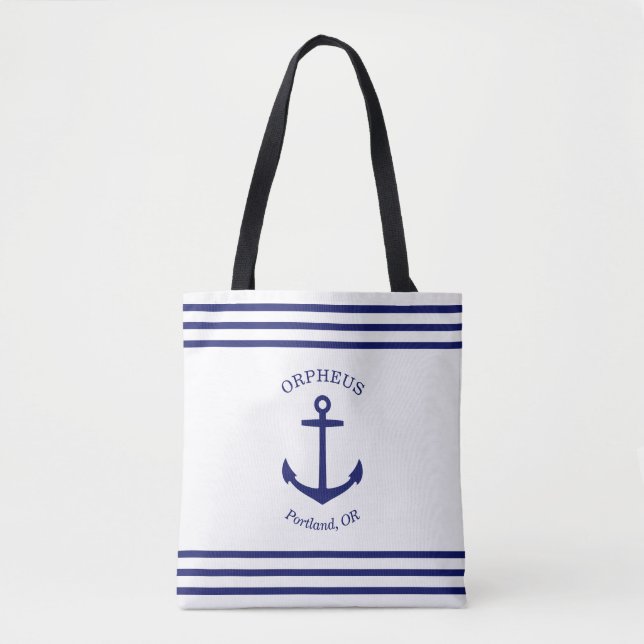 Bolsa Tote Emblema de Âncora Personalizado Náutico (branco e  (Frente)