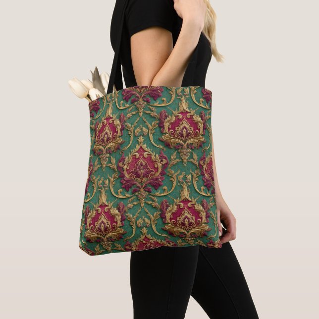 Bolsa Tote Emerald Burgundy Baroque Damask (Close Up)