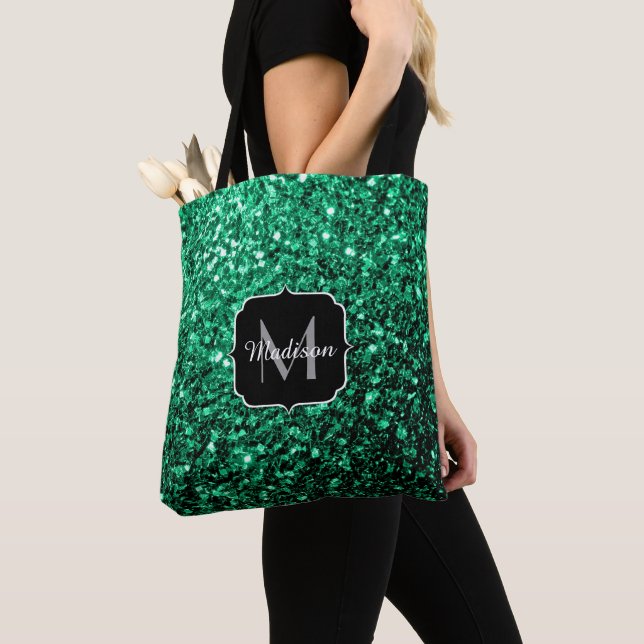 Bolsa Tote Emerald Green faux glits brilha monograma (Close Up)