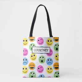 Bolsa Tote Emojis Personalizados Enfrenta Um Padrão Colorido